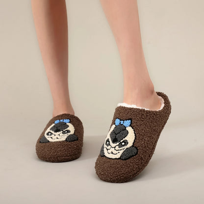 A Pair of Brown Pug Pet Embroider Pattern Plush Home Soft-Soled Comfortable Furry Slippers, Cute, Warm and Non-Slip Indoor Slippers for Men and Women, Lightweight Silent and Comfortable Shoes That Can Be Worn by Christmas, th